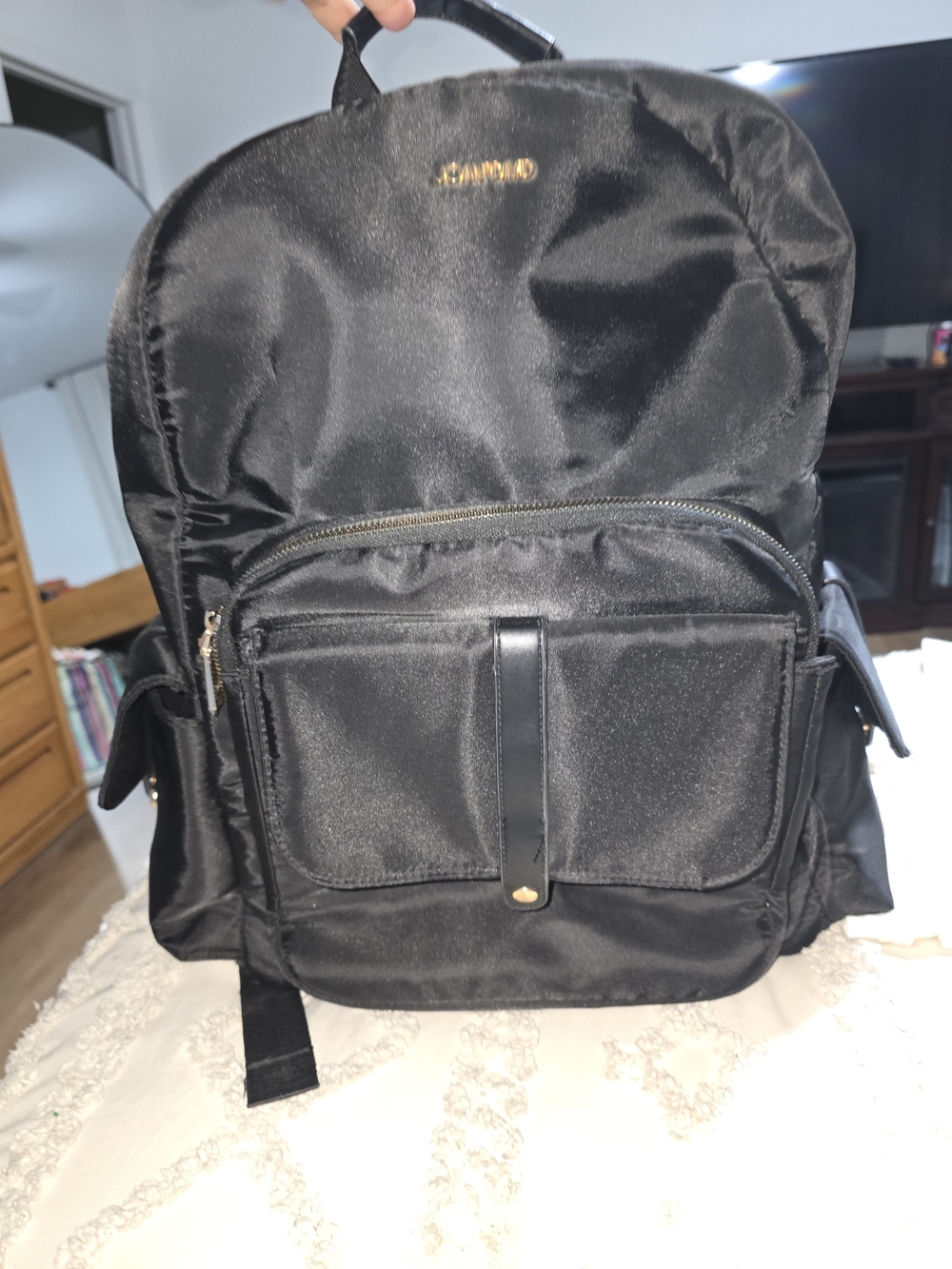 Joan & David Black Nylon Backpack with Gold Logo